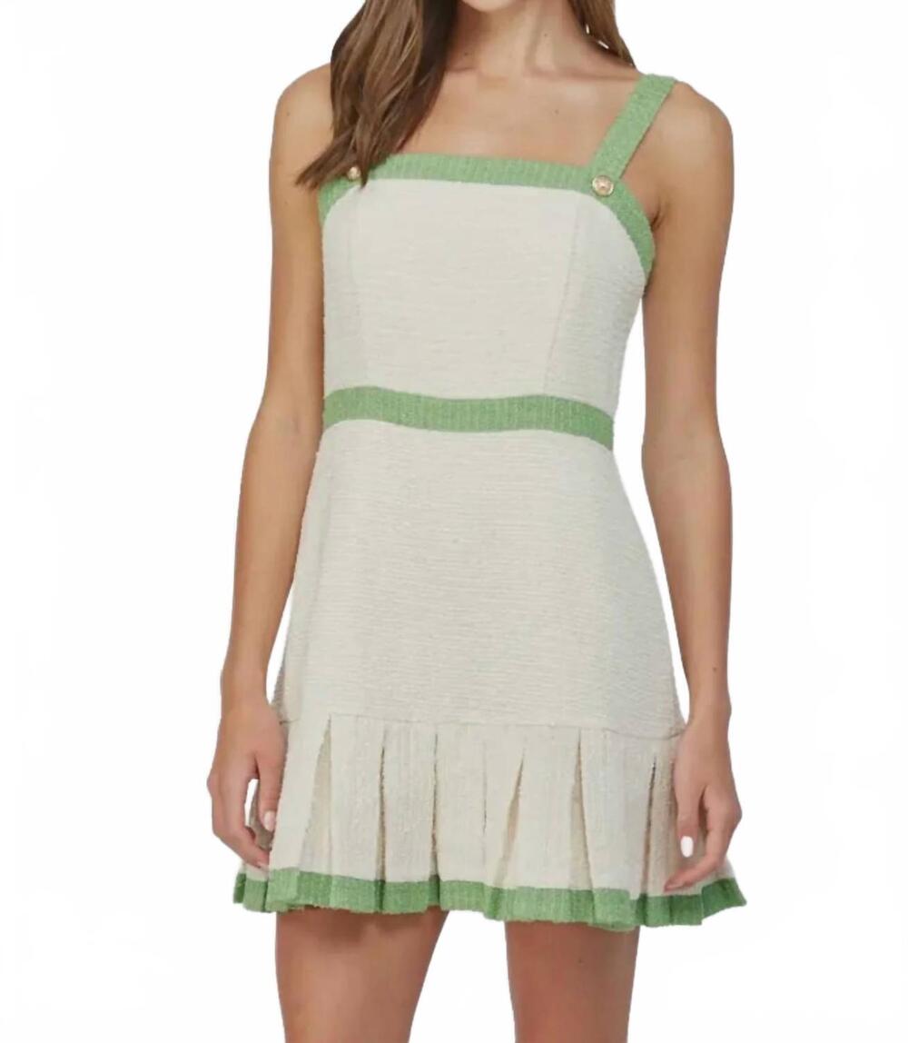 NEW FATE square neck pleated tweed dress in cream green